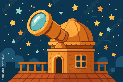 Cartoon observatory with telescope under starry night sky