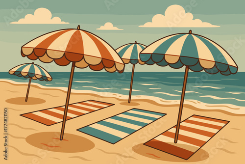 Vintage beach scene with striped umbrellas and towels