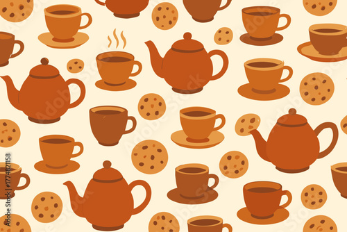Seamless tea time pattern with cups, teapots, and cookies