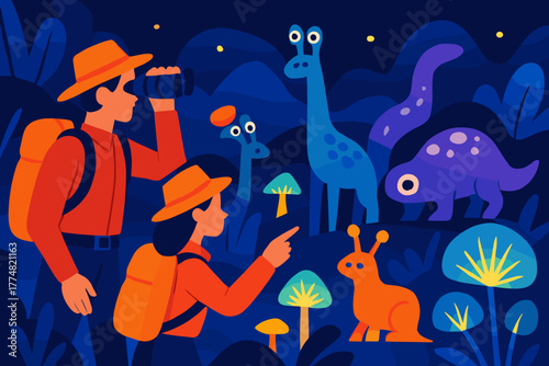 Explorers encounter colorful alien creatures in glowing forest