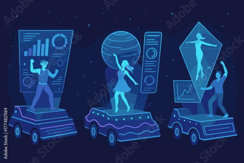 Tech-themed parade floats with dancers and holograms