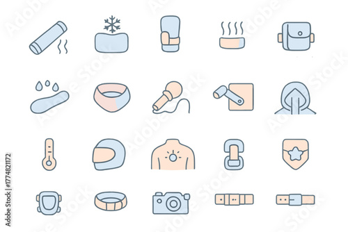 Winter sports gear and accessories icon set