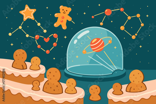 Cookie characters in a whimsical planetarium watching candy constellations and planets