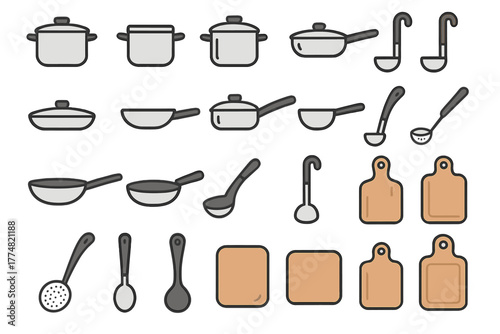 Set of kitchen utensil and cookware icons on gradient background