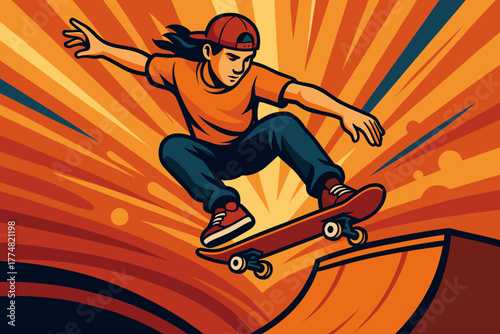 Stylized cartoon of girl skateboarding off ramp in mid-air