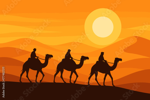 Caravan of camels crossing desert at sunset