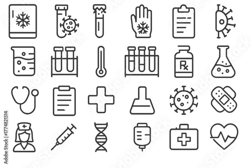 Minimalist medical and lab icons on metallic background