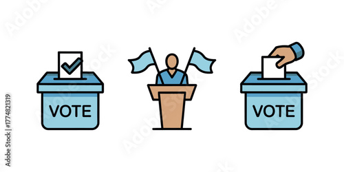 Illustration of voting process with ballot boxes speaker and hand casting a vote in an election illustration, artwork, vector