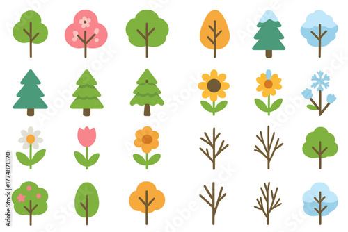 Seasonal tree and flower icon set representing all four seasons