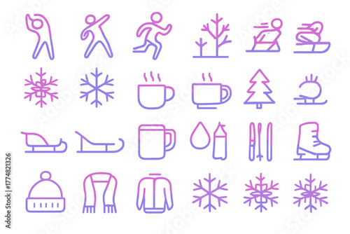 Neon winter activity and holiday icon set on dark background