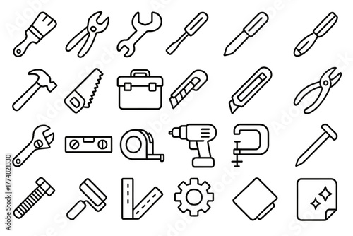 Hand Tools Line Icon Set – Wrenches, Screwdrivers, Saws & Power Tools