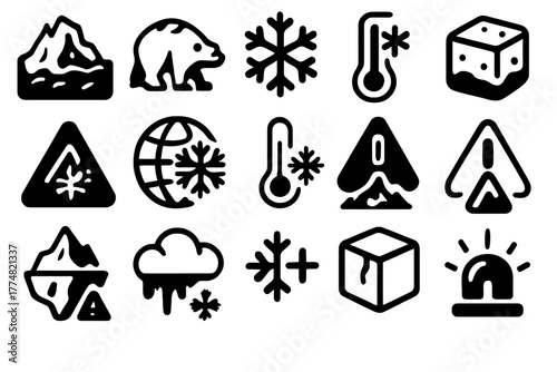 Set of black cold weather and climate icons on dark background
