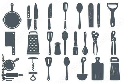 Set of kitchen utensils and cookware icons on dark metallic background