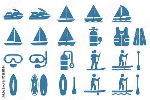 Minimalist Water Sports & Sailing Icon Pack – Paddleboarding, Snorkeling, Jet Skis & Gear