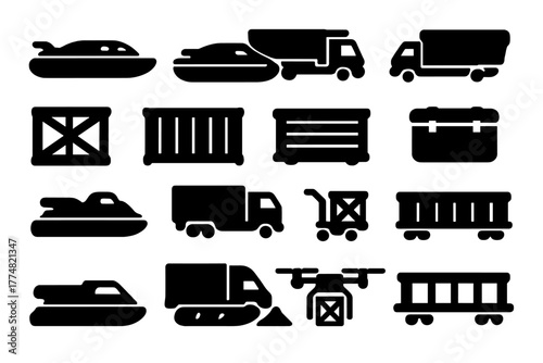 Silhouette icons of cargo and transport vehicles on gray background