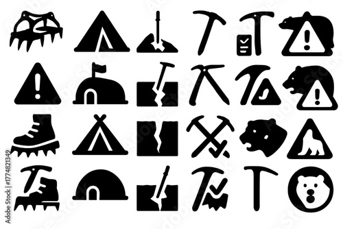 Set of black mountaineering and wilderness safety icons