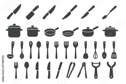 Collection of dark kitchen utensils and cookware icons