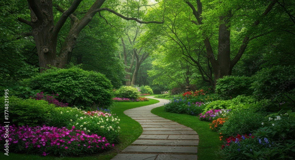 Obraz premium A peaceful, winding stone path cuts through lush flower beds and vibrant greenery beneath the canopy of large, towering trees ,canopy, stepping, shade