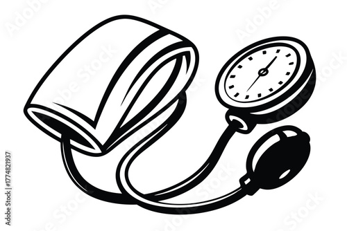 An outlined sphygmomanometer displays the blood pressure monitor including the cuff and gauge