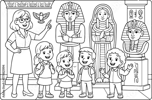 hand drawn vector illustration of Grand Egyptian Museum coloring page for kids