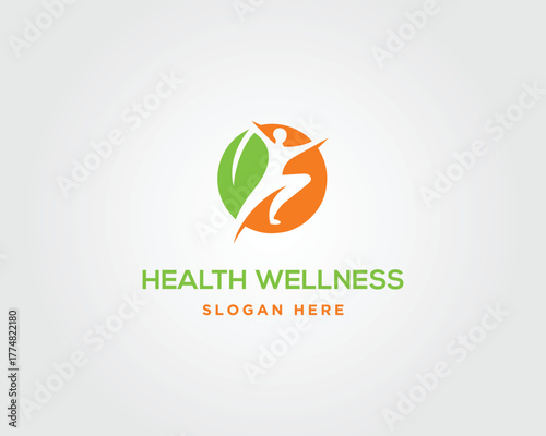 Orange and green human figure in circle with leaf and text vector template health wellness