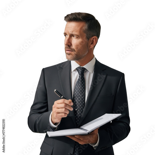 Professional businessman in a dark suit and tie holding a pen and notebook looking thoughtfully to the side isolated on transparent background
