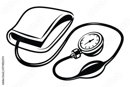 Black and white shows a blood pressure cuff with a pressure gauge