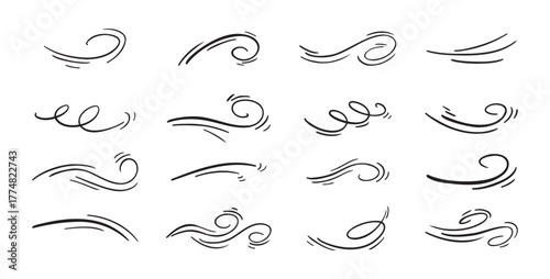 Doodle wind line sketch set. Hand drawn doodle wind air blow, swirl elements.