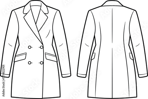 Double breasted long coat flat sketch front and back view, formal fashion outerwear technical drawing, apparel design template, clothing vector illustration