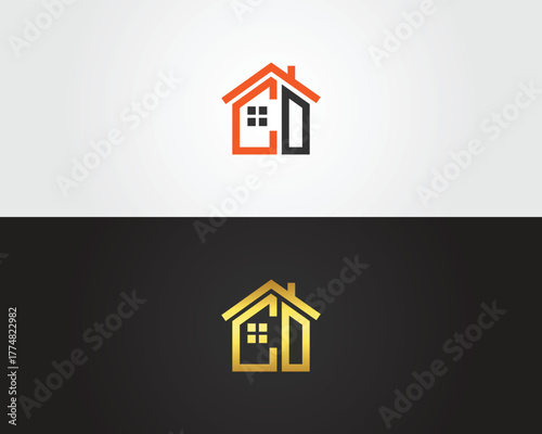 Letter CD  house logos with windows on vector template white and black backgrounds home icon