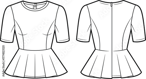 Fashion peplum blouse, short sleeves top, technical flat sketch, women garment design, apparel template, sewing pattern, clothing illustration, vector drawing