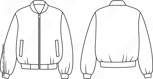 Fashion bomber jacket flat sketch front and back view, casual outerwear technical drawing, unisex apparel design template, clothing illustration, vector
