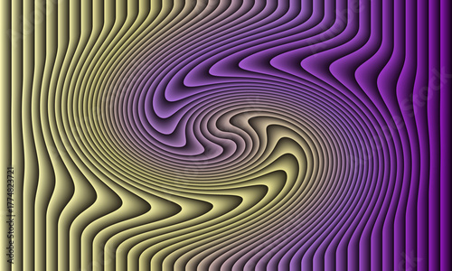 Abstract swirling vortex pattern with vertical stripes in purple and yellow gradient