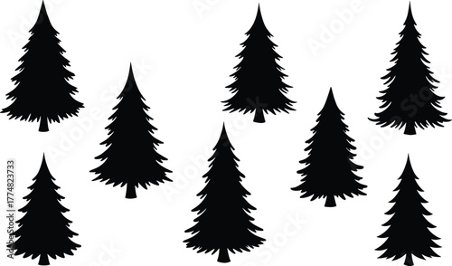 Silhouette pine trees, forest illustration, evergreen conifer design, natural woodland background, winter landscape art, outdoor nature pattern, rustic tree collection