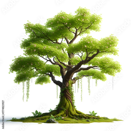 A majestic, ancient tree stands tall and proud against a white background