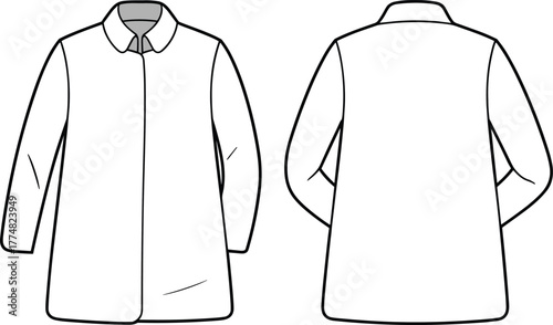 Long sleeve coat front and back view fashion flat sketch, vector clothing template, outerwear design illustration, stylish winter jacket mockup