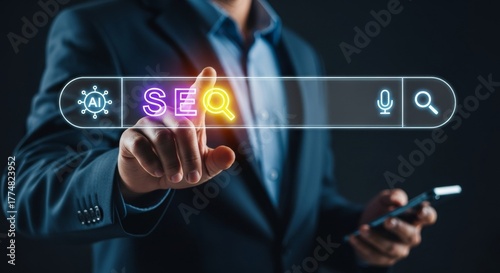 SEO in hand: A tech-savvy individual interacts with a digital search bar, symbolizing the power of Search Engine Optimization (SEO).  Illuminating the path to online visibility and digital success.