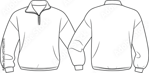 Half zip sweatshirt, technical flat sketch, casual pullover design, apparel template, clothing illustration, vector drawing, fashion garment, long sleeve top, cozy style