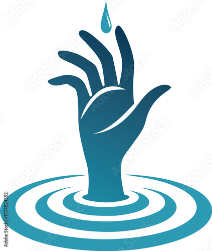 A blue hand with a water drop falling into a pool of water, symbolizing purity, conservation, and the importance of water resources