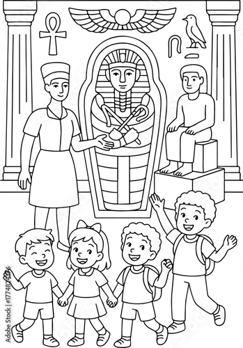 hand drawn vector illustration of Grand Egyptian Museum coloring page for kids