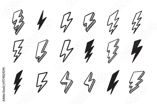 Hand drawn vector doodle electric lightning bolt set. Lightning symbol sketch symbol doodle icon.