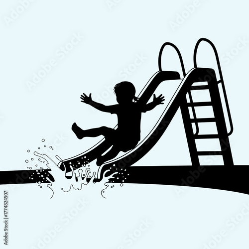 Child having fun sliding down a water slide into a splash of water isolated on white background silhouette