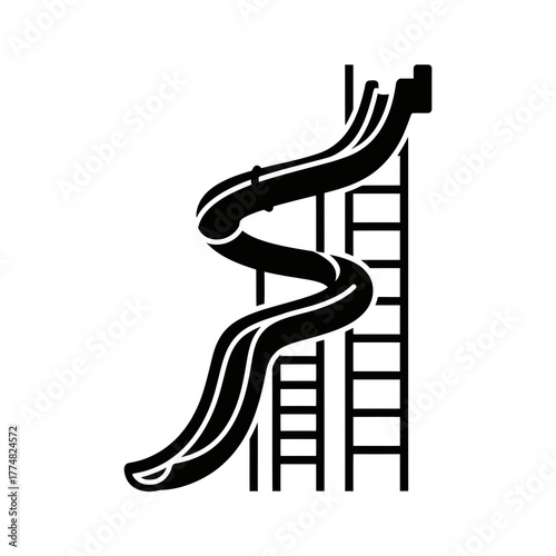 Black silhouette of a winding water slide with a ladder on a white background isolated on white background