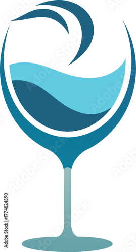 Stylized wine glass filled with blue liquid and wave, represents wine tasting, refreshment, and the art of winemaking in a modern design