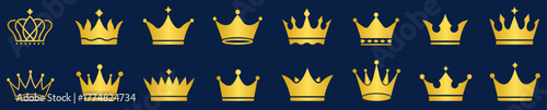 Set of elegant gold crowns on a dark background. Perfect for luxury, royal, premium, and victory-themed designs. Ideal for logos, badges, awards, fashion branding. crown, throne, queen, vector, icon