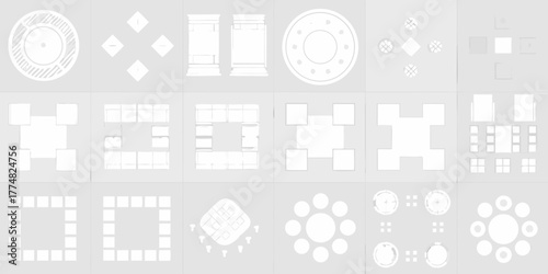 Collection of top down architectural and interior design layout elements and furniture arrangements