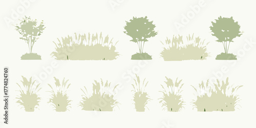 Collection of stylized green silhouettes of trees and ornamental grasses on a light background