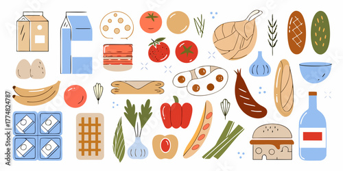 A colorful collection of hand drawn food items and groceries arranged in a playful flat design style