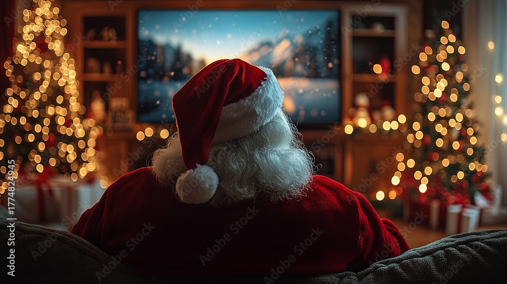 Naklejka premium Merry Christmas. Santa Claus sits on a sofa at home, holding a remote control and watching TV, seen from behind.