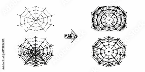 Four hand drawn spider webs in black ink with a directional arrow in the center on a white background